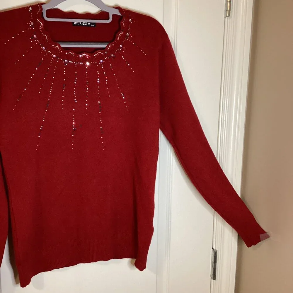 Elexa Women's Red Sweater Size M/L Wool Blend Rhinestones Scalloped Neck Party - Picture 2 of 9